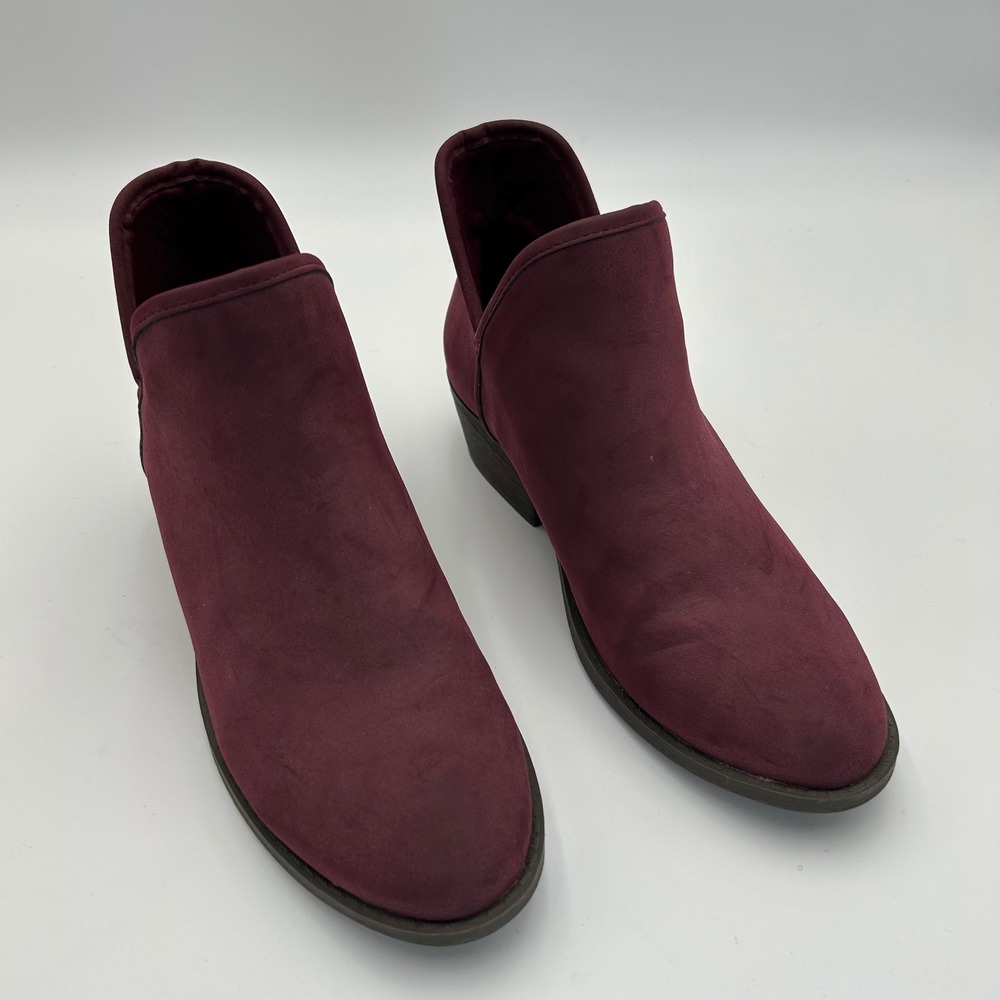 Serra Ankle Booties 7 Boho Romantic Burgundy Faux Suede Block Heel Side Cutout